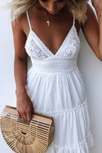 Freja | Women’s White Lace Summer Midi Dress with Spaghetti Straps & Open Back