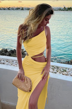 Lucia | Women One Shoulder Pleated Summer Maxi Dress with Side Split