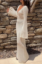 Maris | Women Deep V Neck Long Sleeve Hollow Out Knit Backless Beach Maxi Dress