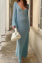 Maris | Women Deep V Neck Long Sleeve Hollow Out Knit Backless Beach Maxi Dress