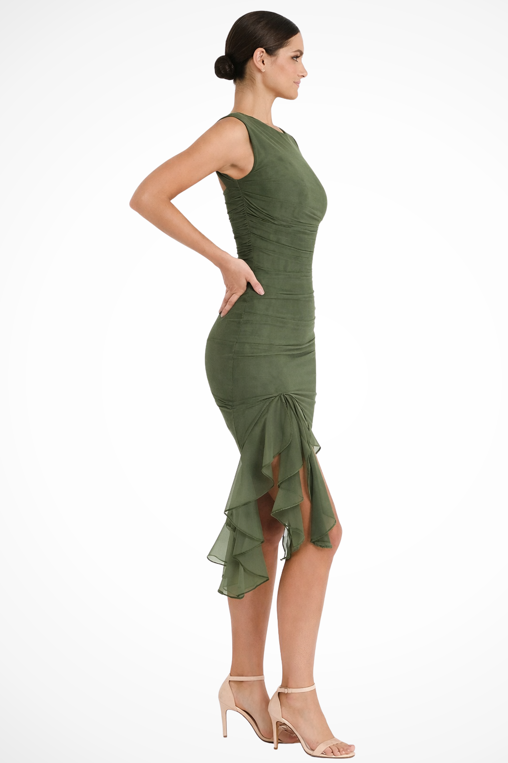 Briella | Women Mesh Ruched Midi Summer Dress with Ruffle Slit