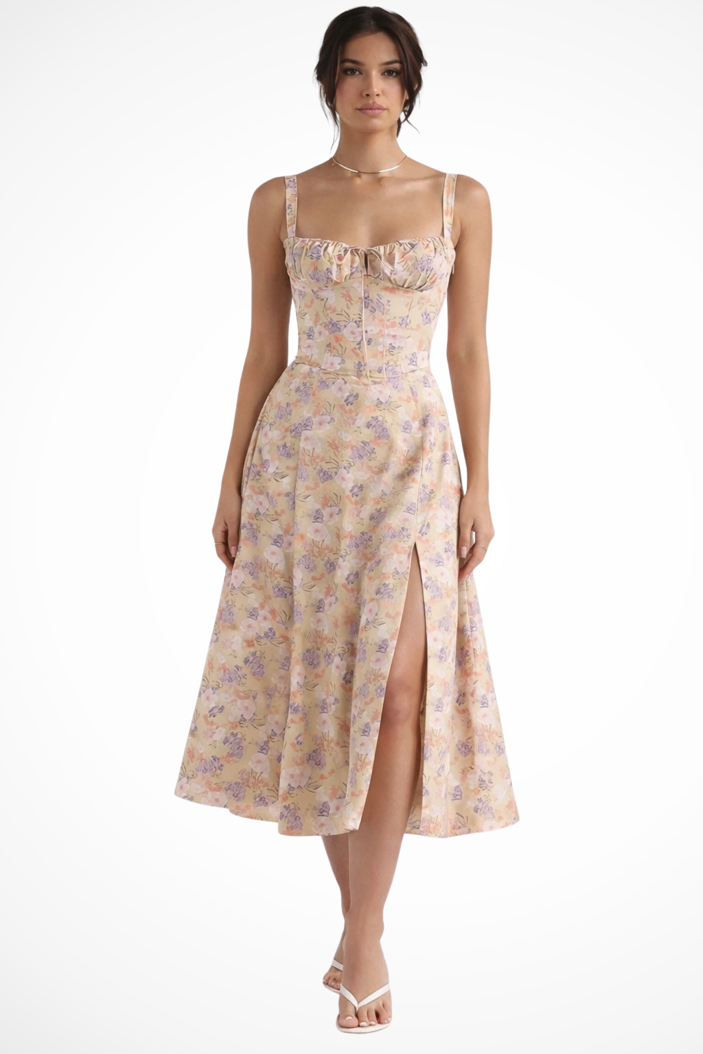 Tabitha | Women Square Neck Bow Detail Corset Wedding Guest Floral Midi Dress