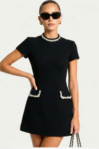 Bronwen | Women Pearl Trim Mini Dress with Pocket Detail