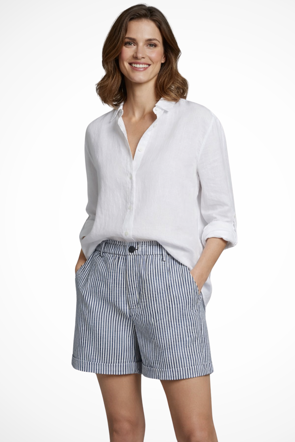 Ada | Women Striped High Waist Tailored Shorts with Button Detail