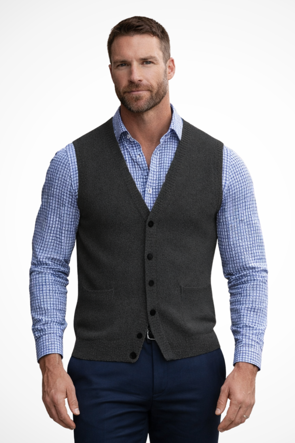 Logan | Men V Neck Button Front Sleeveless Knit Waistcoat Vest with Pockets