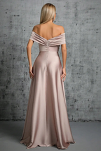 Lauren | Women Off Shoulder Twisted Knot Pleated Satin Wedding Guest Maxi Dress