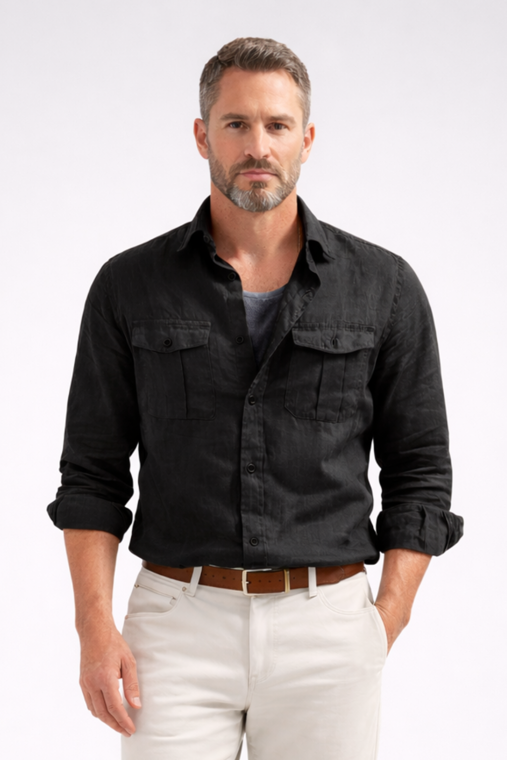 Harlow | Men Long Sleeve Double Chest Pocket Cotton Linen Casual Shirt