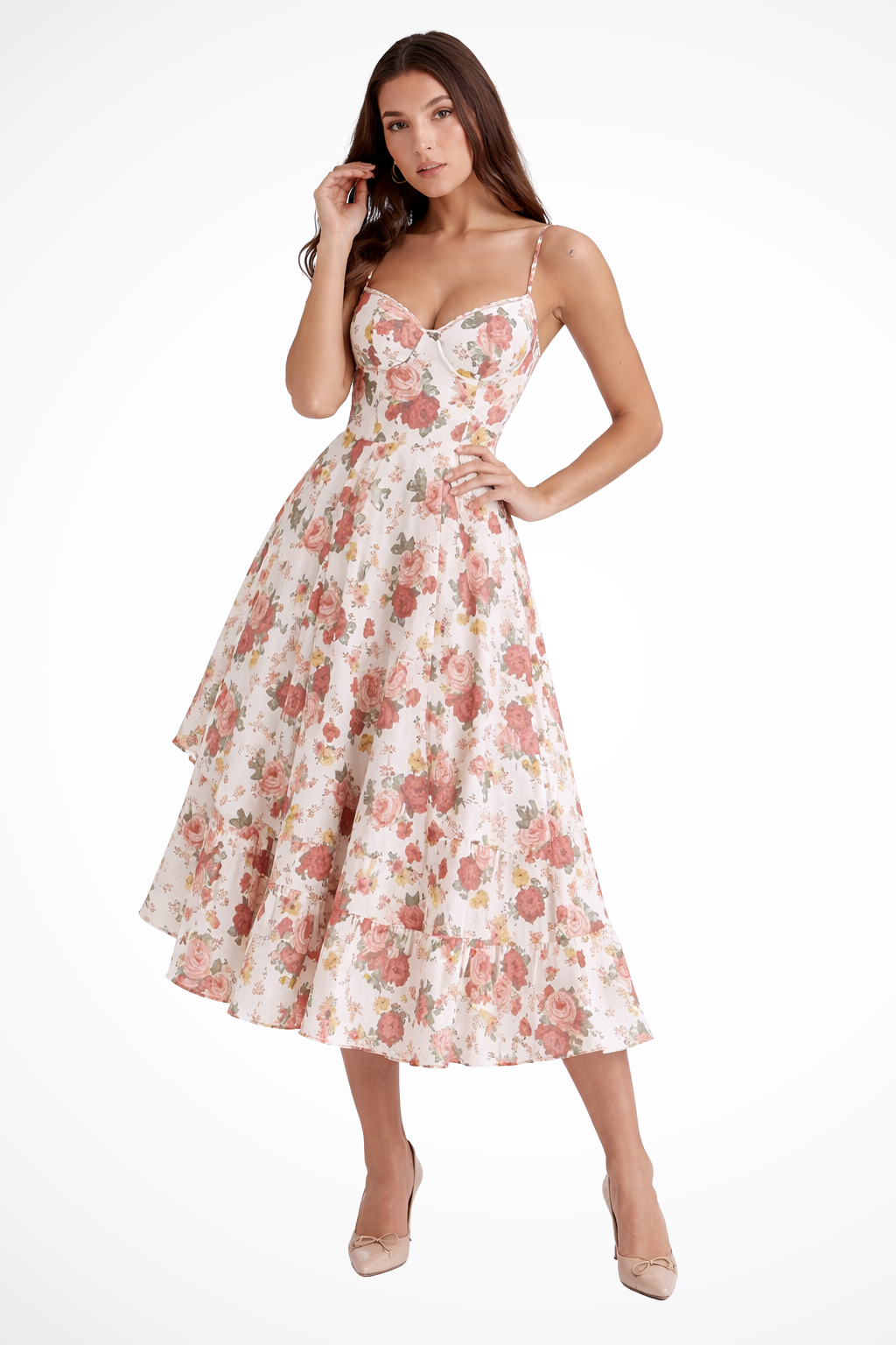 Joanna | Women Corset Wedding Guest Floral Midi Dress