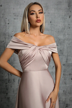 Lauren | Women Off Shoulder Twisted Knot Pleated Satin Wedding Guest Maxi Dress