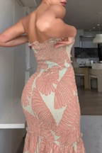 Nella | Women Tropical Print Strapless Ruched Summer Maxi Dress