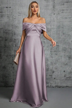 Lauren | Women Off Shoulder Twisted Knot Pleated Satin Wedding Guest Maxi Dress