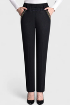 Millie | Women Elastic Waist Straight Leg Denim Trousers with Embroidered Detail