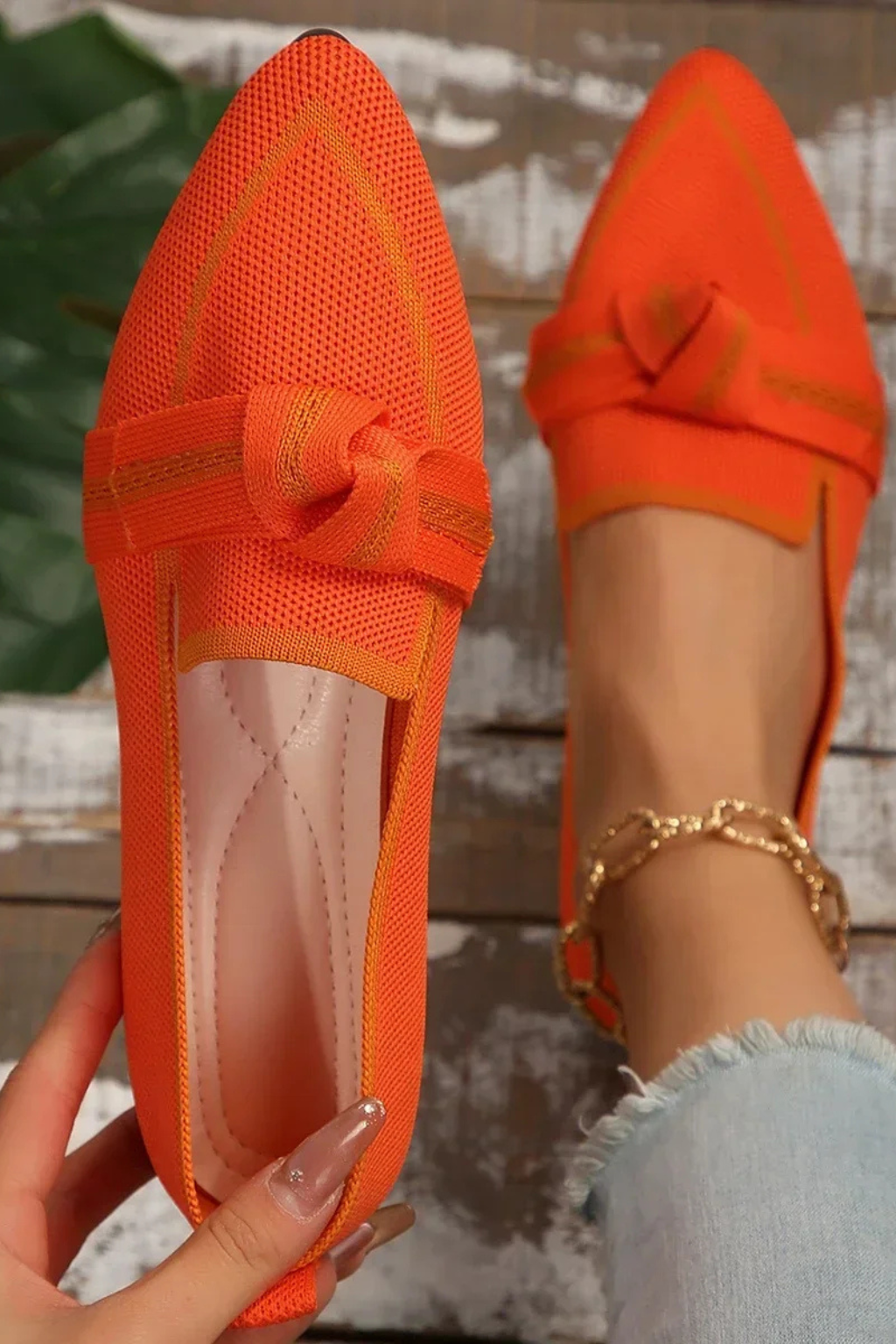 Celina | Women Pointed Toe Knit Bow Detail Ballet Flats