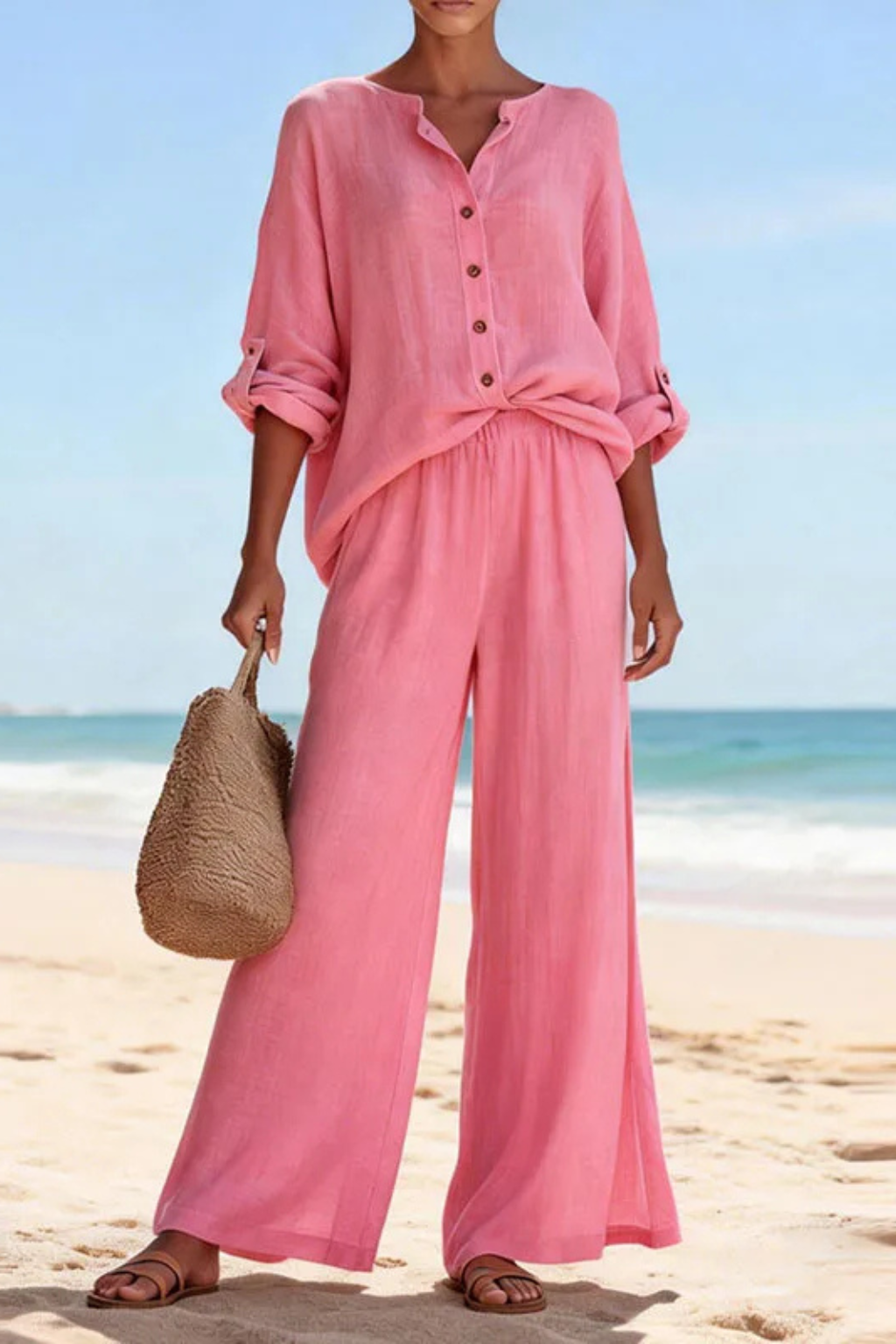 Clementine | Women Button Blouse and Wide Leg Trousers Suit Set