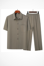 James | Men Lapel Short Sleeve Button Shirt and Elasticated Waist Trouser Set