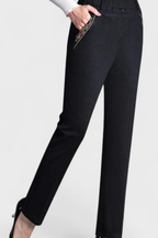 Millie | Women Elastic Waist Straight Leg Denim Trousers with Embroidered Detail