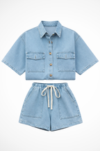 Sadie | Women Denim Button Down Shirt and Drawstring Shorts Set