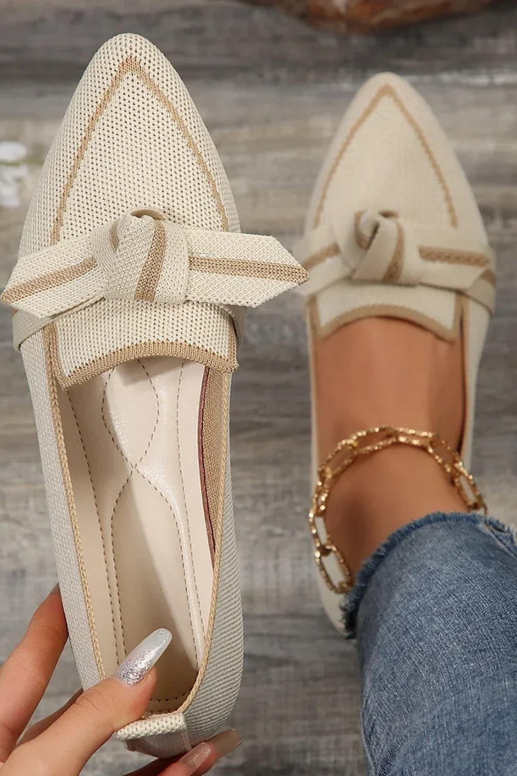 Celina | Women Pointed Toe Knit Bow Detail Ballet Flats