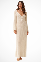 Maris | Women Deep V Neck Long Sleeve Hollow Out Knit Backless Beach Maxi Dress