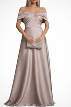 Lauren | Women Off Shoulder Twisted Knot Pleated Satin Wedding Guest Maxi Dress