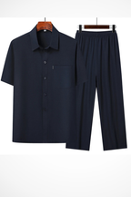 James | Men Lapel Short Sleeve Button Shirt and Elasticated Waist Trouser Set