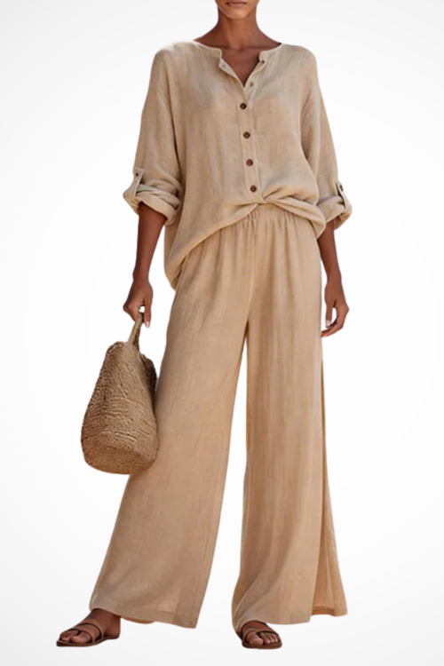 Clementine | Women Button Blouse and Wide Leg Trousers Suit Set