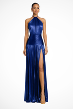 Saffron | Women Halter Neck Pleated Satin Wedding Guest Maxi Dress