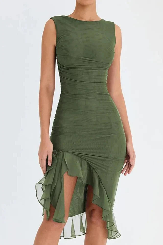 Aurevia | Women Ruched Sleeveless Midi Wedding Guest Dress