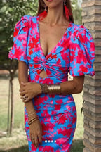Sophia | Women Printed Puff Sleeve Occasion Summer Midi Dress -Test