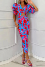 Sophia | Women Printed Puff Sleeve Occasion Summer Midi Dress -Test