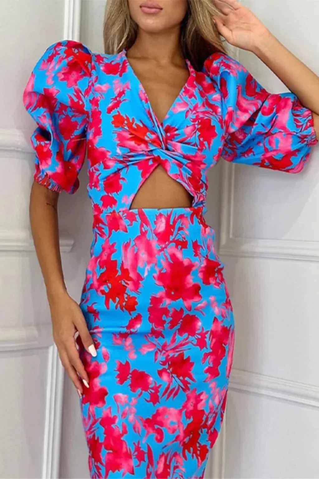 Sophia | Women Printed Puff Sleeve Occasion Summer Midi Dress -Test