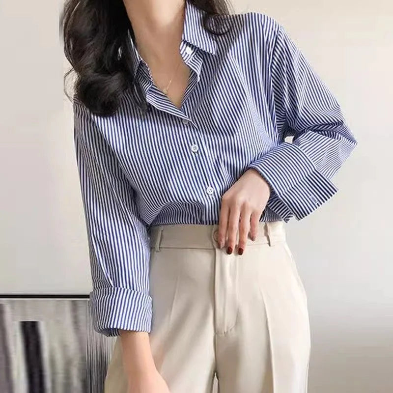 Alvara | Women Striped Button Down Long Sleeve Blouse