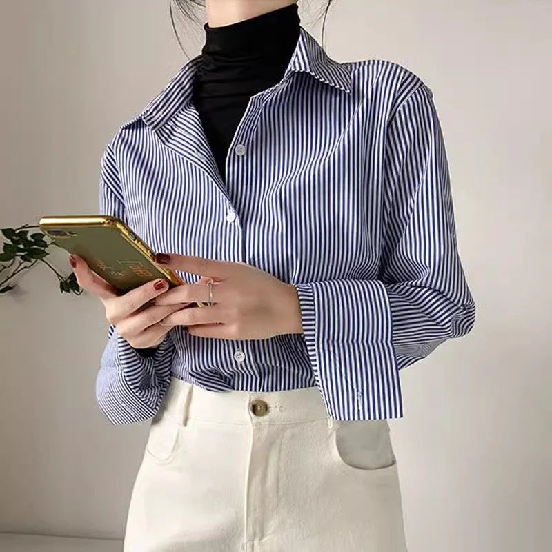 Alvara | Women Striped Button Down Long Sleeve Blouse