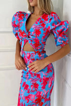 Sophia | Women Printed Puff Sleeve Occasion Summer Midi Dress -Test