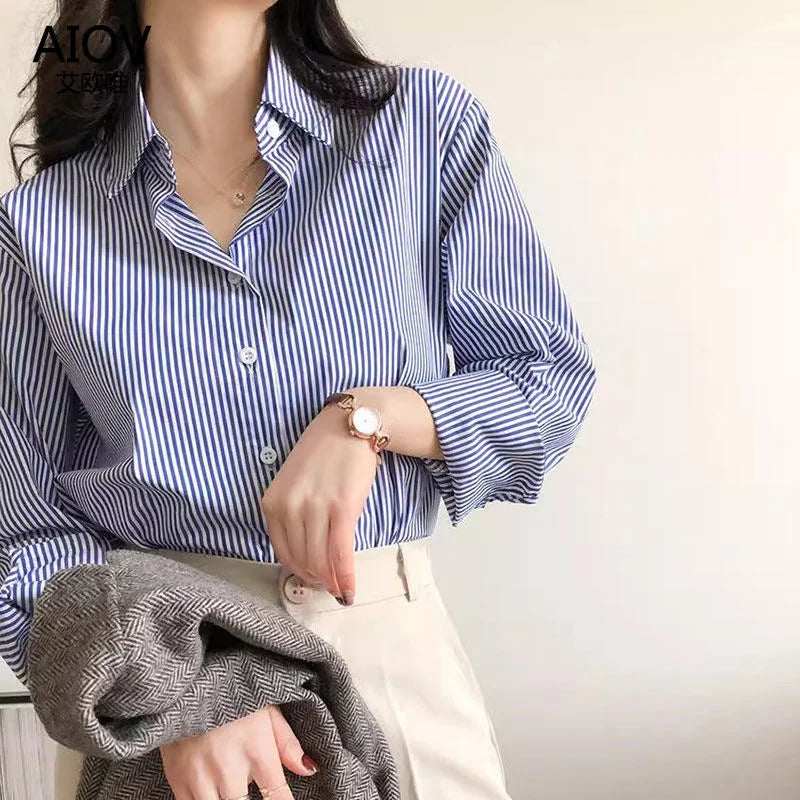 Alvara | Women Striped Button Down Long Sleeve Blouse