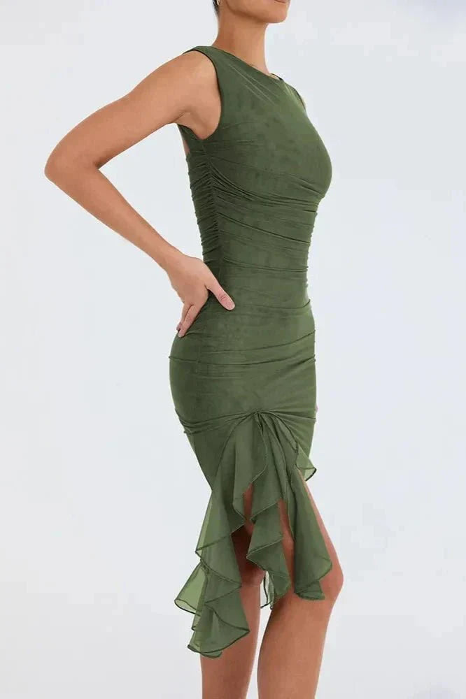 Aurevia | Women Ruched Sleeveless Midi Wedding Guest Dress
