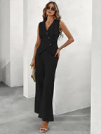 Rovena | Women Sleeveless Vest and Wide Leg Buttoned Trousers Set