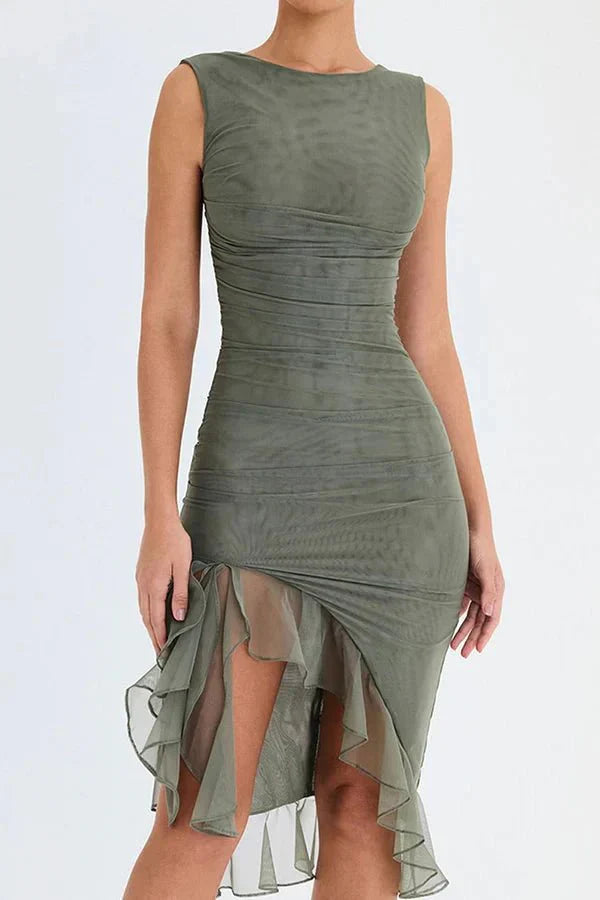 Aurevia | Women Ruched Sleeveless Midi Wedding Guest Dress